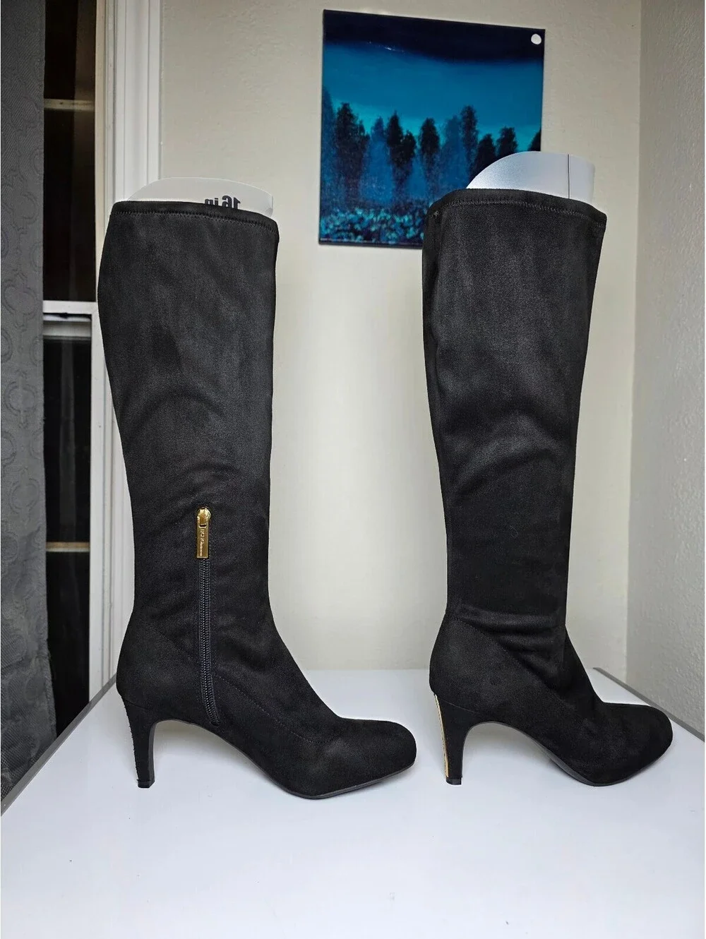 BCBGeneration Black Suede Gold Zipper Gold Kitten Heel Knee High Boots Size 6.5M